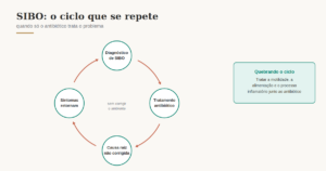 Diagrama mostrando o ciclo do SIBO: diagnóstico, tratamento antibiótico, causa raiz não corrigida e retorno dos sintomas