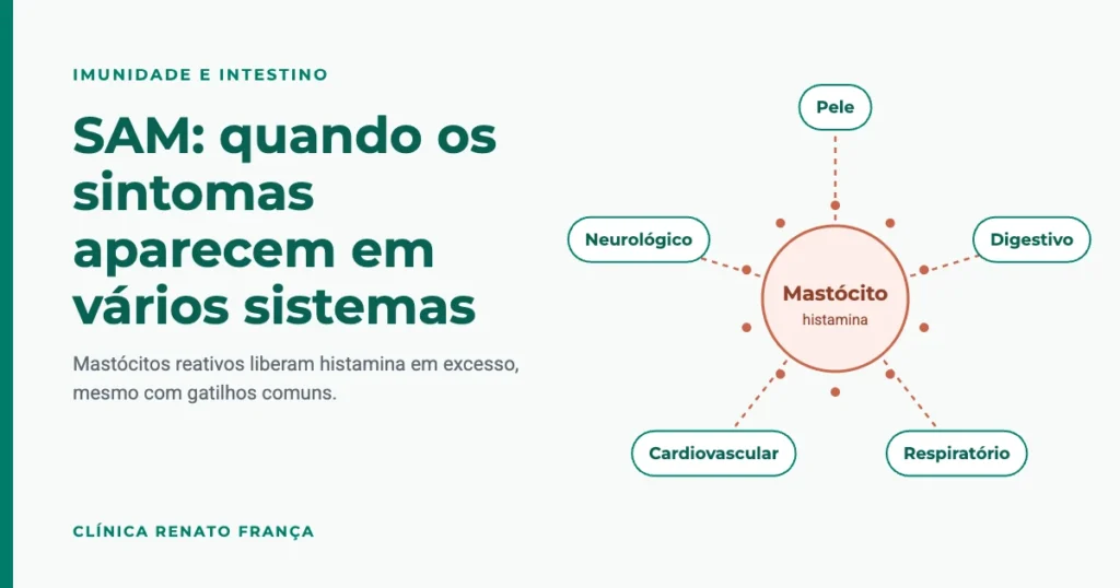 Mastócito no centro ligado aos sistemas afetados na SAM: pele, digestivo, respiratório, cardiovascular e neurológico